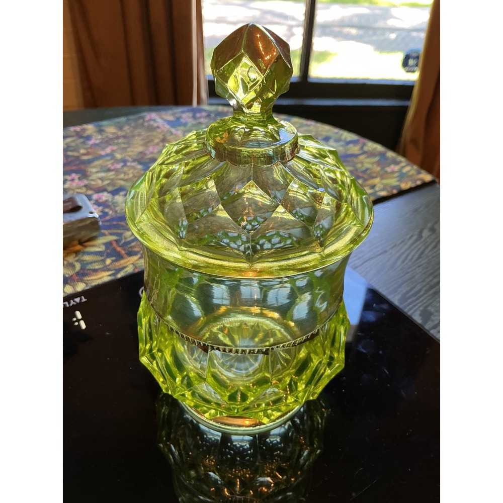Antique Beaumont Glass Vaseline/Uranium Candy Jar with Lid - Picture 2 of 16